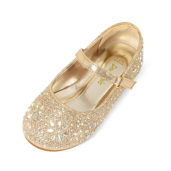 DREAM PAIRS Girl's Dress Shoes Mary Jane Rhinestone Buckle Strap Ballerina Flat ANGEL-66 Gold Size 7 Toddler