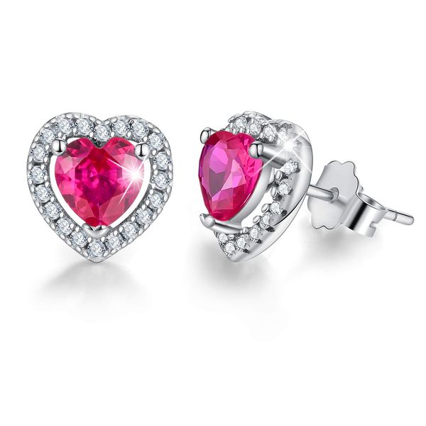 Esberry✦Gift for Christmas✦ 18K Gold Plating 925 Sterling Silver Birthstone Love Heart Stud Earrings Cubic Zirconia Hypoallergenic Earrings Birthday gift for Women and Girls (July-Ruby)