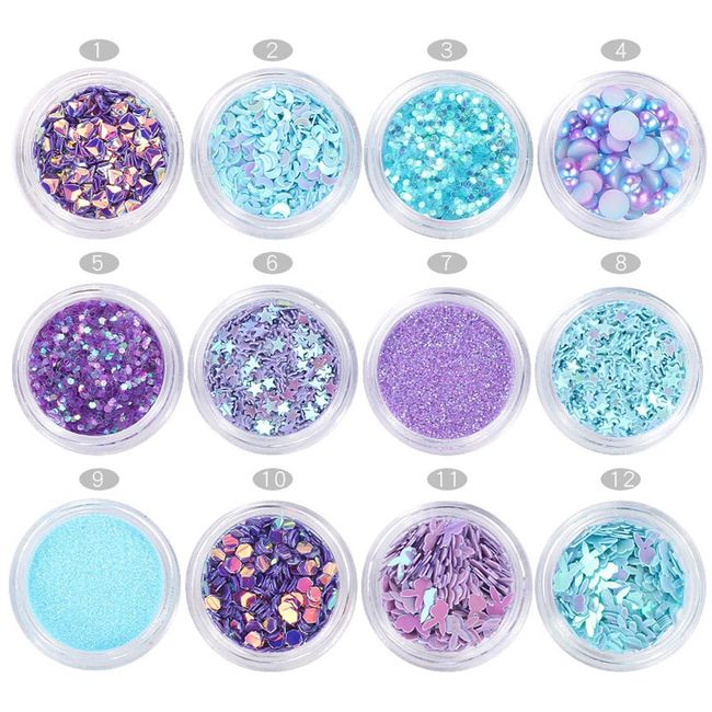 Mesiyun Nail Art Blue Glitter Sequins 3D Pearl Nails Shining Flakes Acrylic Powder Dust Chunky Flake 12Jars