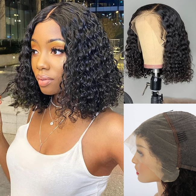 13x4 Water Wave Bob Lace Front Wigs Human Hair Short Curly HD Transparent Bob Wigs 150% Density Water Wave Wigs Pre Plucked Lace Wig for Black Women Natural Black(14 Inch)