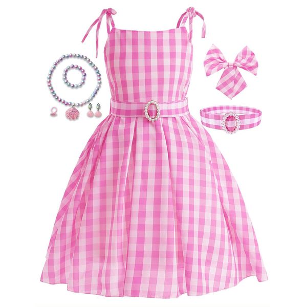 isswya Girls Pink Costume Dress Movie Cosplay Costumes Halloween birthday party Dress Up Kids Outfits 6-7Y