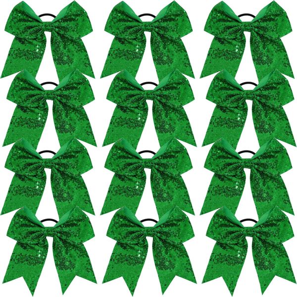 12 Pcs Large Glitter Cheer Bows Ponytail Holder Girls Elastic Hair Ties 8" Big Hair Bows Sports Cheerleaders Accessories for Teens Women Cheerleader Girls (Green)