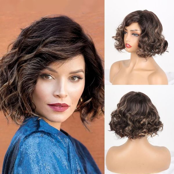 Aisaide Short Dark Brown Wavy Bob Wig Highlight Blonde Wavy Curly Bob Wigs for Women Short Wavy Bob Wig Highlight Brown Layered Hair Wig Natural Synthetic Medium Length Wig for Daily Use