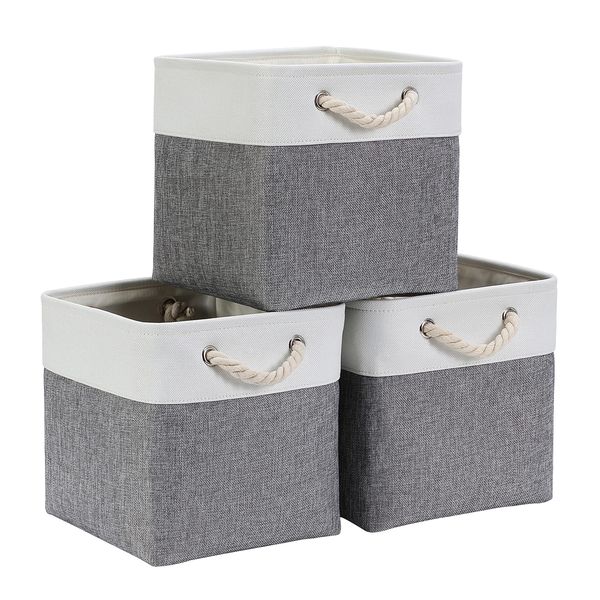 Mangata Fabric Storage Basket, Canvas Cube Storage Boxes 25x25x25cm for Cupboards, Shelves, Closet, Grey White（10 x 10 inch, 3 Pack）