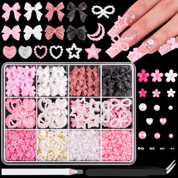 Chunky Nail Charms and Gems Set 1, Girly Coquette Nail Charms + Assorted Pearl Bows Heart Star Moon + Cute 3D Flowers for Nails + Pink & White Flatback Pearls with Pickup Tool for Kawaii Nail Design