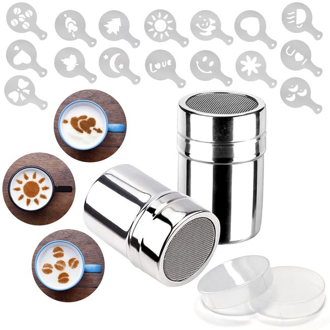 Mauts-inus 2 Pack Chocolate Shaker Dusters Mesh Powder Shaker Shaker 16 Coffee templates Set for Syrup,Cream,PowderedSugar,Cocoa,Cappuccino,for Kitchen,Drinks,Baking (18)