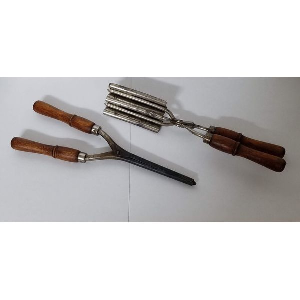 Antique Primitive Hair Crimper & Curling Wand Set with Wood Handles