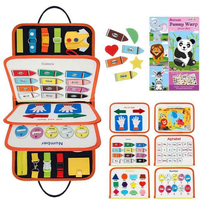 FlyCreat Montessori Bag, Toy, Busy Book, Toddler, Busy Board, Animals, Cute Stickers, 93 Pieces, Stickers Set, Boys and Girls, Educational Fingertips, Cloth Toys, Fabric Picture Books, String Ties,