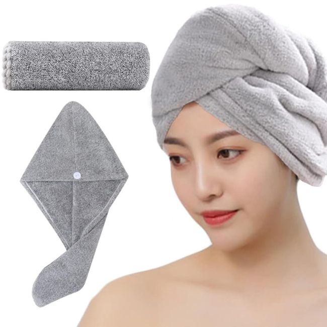 Hair Towel Wrap Set 2PCS Microfiber Quick Dry Hair Turban Towel with Button Ultra Soft Bamboo Charcoal Fiber Face Towels for Women Girls Kids (Grey)