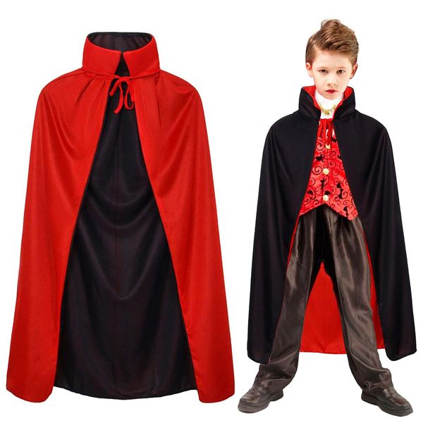 Winwild Vampir Umhang mit Kragen- Schwarz Rot Doppelseitig, Halloween Cape Vampir Kostüm Kinder für Karneval Halloween Cosplay(XS-90cm)