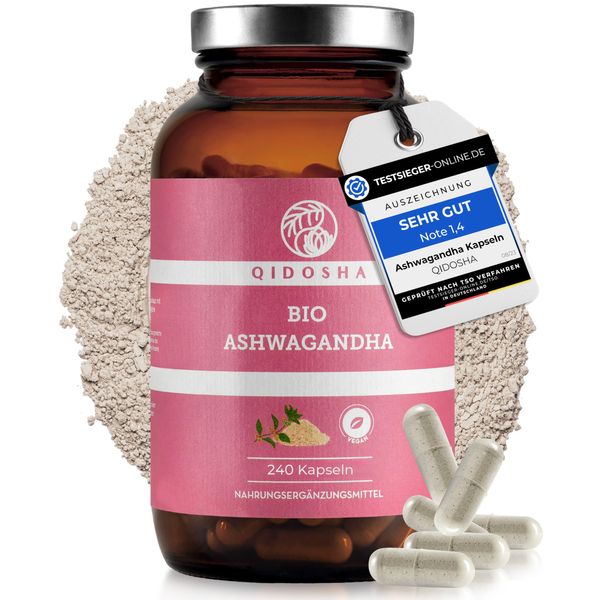 QIDOSHA® Bio Ashwagandha Kapseln, TESTSIEGER 08/23*, 1500 mg je Tagesportion, 240 Kapseln im Glas, Ashwagandha hochdosiert, Withania Somnifera (Schlafbeere), laborgeprueft, vegan