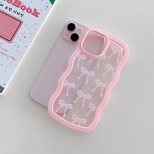 QLTYPRI Cute Bow Case for iPhone 15, Clear Ribbon Bow Pattern Curly Wave Edge Aesthetic Transparent Phone Case, Slim Shockproof Protective Phone Cover for Women Girls - Light Blue