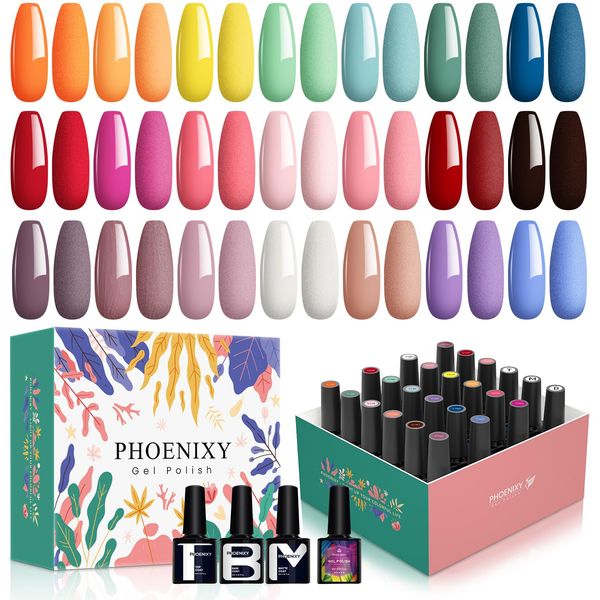 Phoenixy Gel Nail Nail Polish, 24 Pieces, 8 ml, 21 Colours Soak Off Gel Nail Polish Nail Varnish with Glossy Matte Base Coat Top Coat , Gel Nail Kit for Manicure