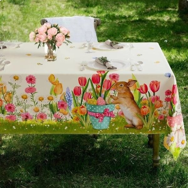 Easter Dining Tablecloth Spring Bunny Tulip Garden Egg Basket Butterflies Decor
