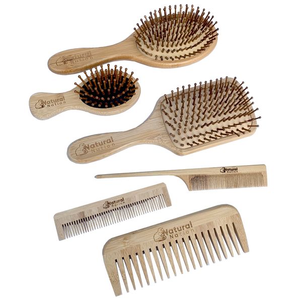 Set Of SIX Eco Friendly Beech Wood Professional Hair Care Set 3 Air Cushioned Brushes 3 Wooden Combs Anti-Static