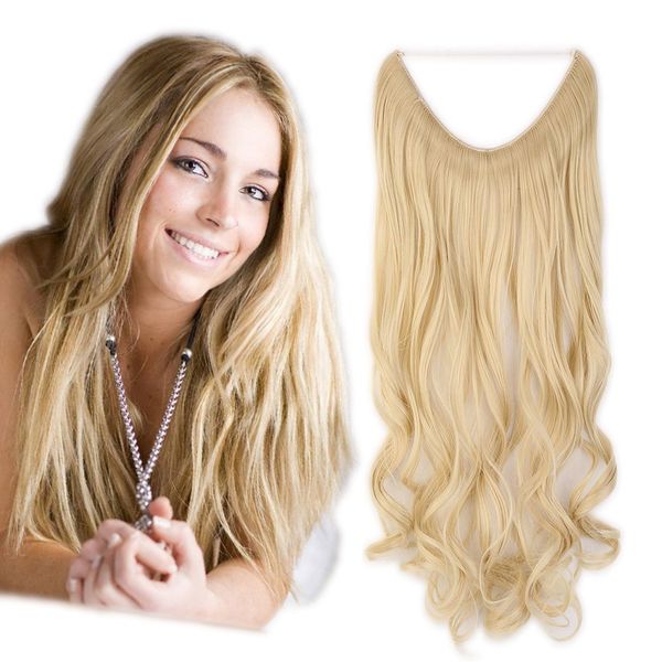 20"/50CM Curly Wire In Hair Extensions Synthetic One Piece Natural Invisible Wire String Hairpiece Extensions - Bleach Blonde(Weight:90g)