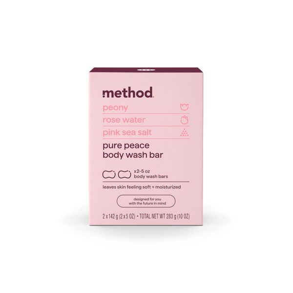 Method Bar Soap, Pure Peace, Pure Peace, Rose Water, Peonies + Pink Sea Salt notes, Plastic Free, 2 bars, 5oz each