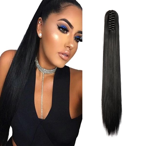 Dcbaboo 22inch Claw Clip in Ponytail Hair Extensions Long Straight Ponytail Extension Synthetic Pony tails Natural Wave One Piece Hairpiece Fake Ponytail for Women, Black