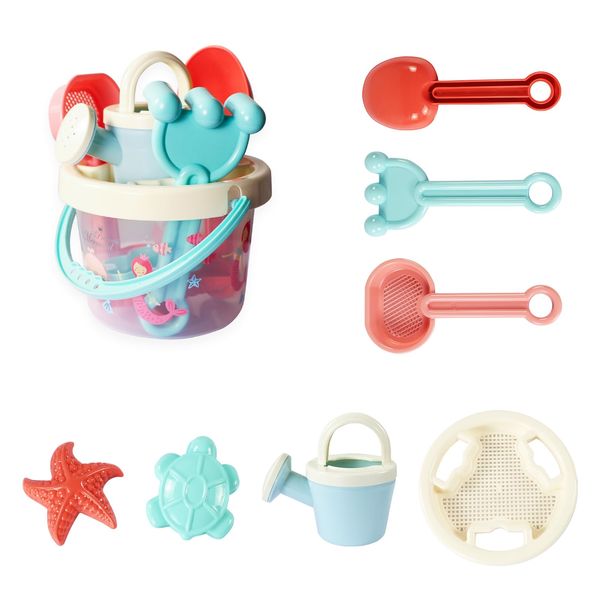 RWETYUIS Beach Toys Set, Sand Toys for Toddlers, 8 Pcs Beach Set Mermaid Bucket with Sand Sifter Cover, Shovel, Star and Turtle Mold, Watering Can and Sifter Shovels，Mermaid Sandbox Toys