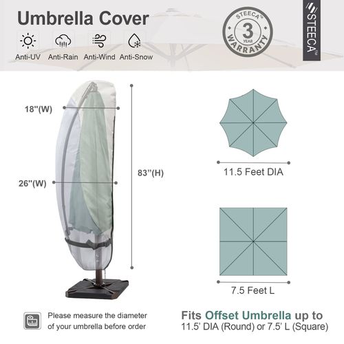 STEECA Patio Waterproof Umbrella Cover, Outdoor Offset Parasol Cover for 7.5-11.5 Feet Cantilever Banana Frame Umbrella