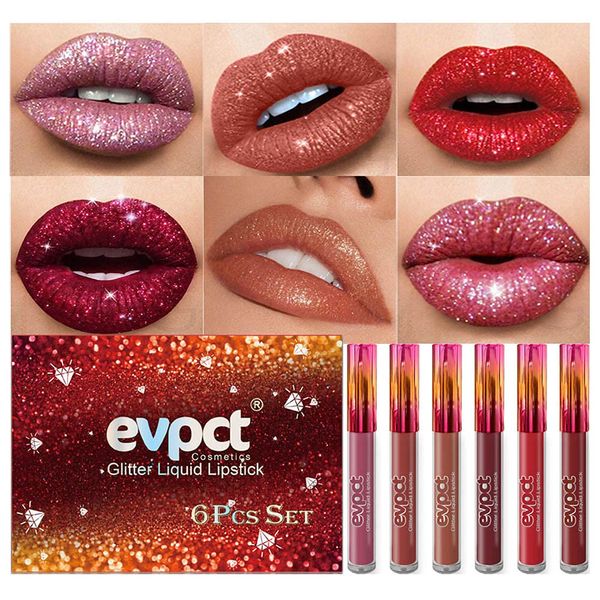 evpct 6Pcs Matte to Glitter Liquid Lipstick Long Lasting Lip Set Kit,6 Color Diamond Shiny Dark Red Pink Purple Glitter Sparkly Glossy Metallic Shimmer Sparkle Waterproof Lipstick Lip Gloss for Women