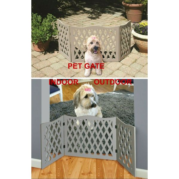 3 Panel Grey Waves Wooden Pet Gate Freestanding Stair Doorway Barrier Fence