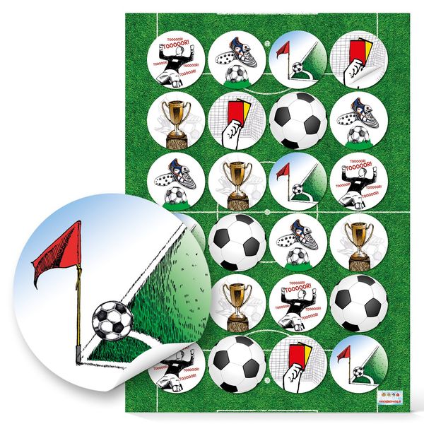 Logbuch-Verlag 24 Fußball Sticker Ø 4 cm Aufkleber mit Fußball-Motiven Tor Ball Pokal Etikettel für Kinder Junge Geburtstag Deko EM 2024