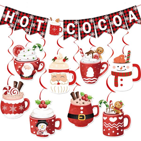 Hot Cocoa Bar Kit Hot Cocoa Banner Cocoa Bar Supplies Hot Cocoa Bar Decorations for Hot Chocolate Party Decorations Buffalo Plaid Christmas Decorations Happy Holidays Decorations