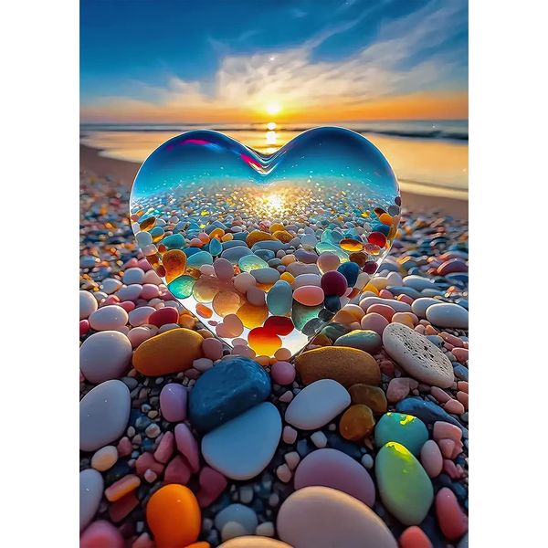 QENSPE 5D Diamond Painting Kits for Adults, Crystal Heart Diamond Art Kits Full Drill Beach Diamond Painting Sunset Kit for Kids Beginners, DIY Crystal Picture Art for Home Wall Decor 30x40cm