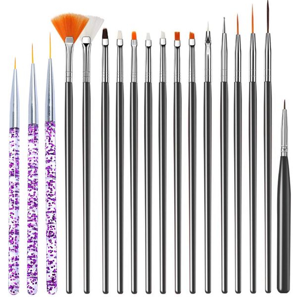 Pennelli Unghie, 15 Pezzi Nero Pennelli Unghie e 3 Pezzi Viola Pennelli per Unghie, Acrilico Gel Pennelloper Unghie Set pennelli per dettagl per Nail Art Design