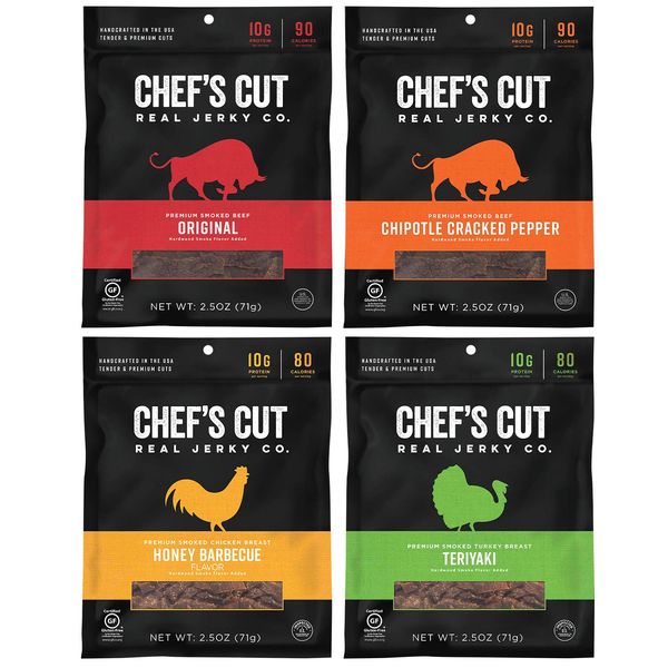 Chef's Cut Jerky Variety Pack - Beef Jerky, Chicken Jerky & Turkey Jerky Gourmet Flavors Sampler - Gluten Free, Premium Smoked Meat Snack - 2.5 Ounce (Pack of 4)