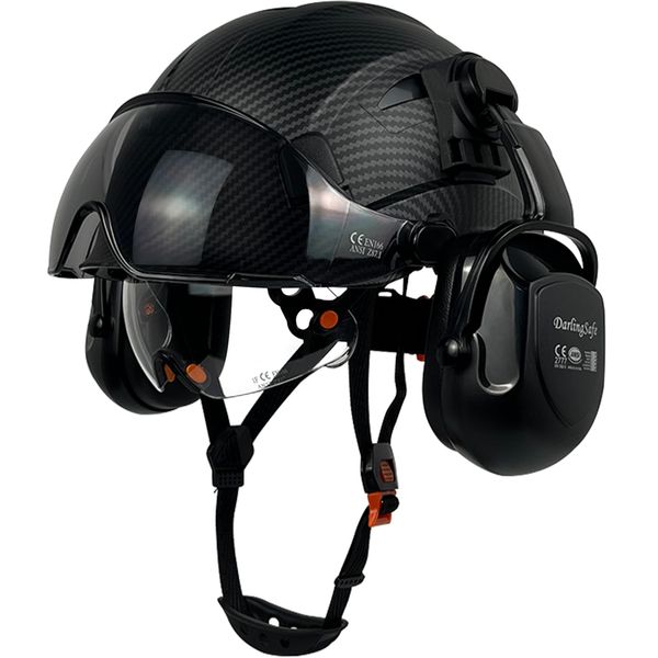 DarlingSafe DS-A8S Matte Black Hard Hats with Visor Ear Muffs Safety Helmet Outdoor Work Head Protection ANSI Z89.1 OSHA Approved Industrial Forestry (DS-A8S-MT-Black+CS.Visor+B07 Ear Muffs)