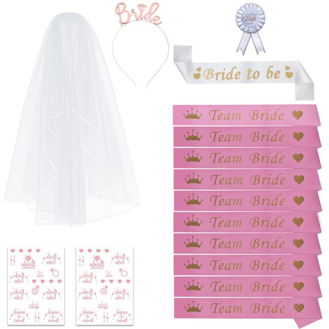 JGA Accessoires kadın seti, Bride to be kuşak, 10 x Team Bride kuşak, duvak, taç saç bandı, Team Bride için dövme, gelin rozeti, bekarlığa veda partisi - 16'lı set