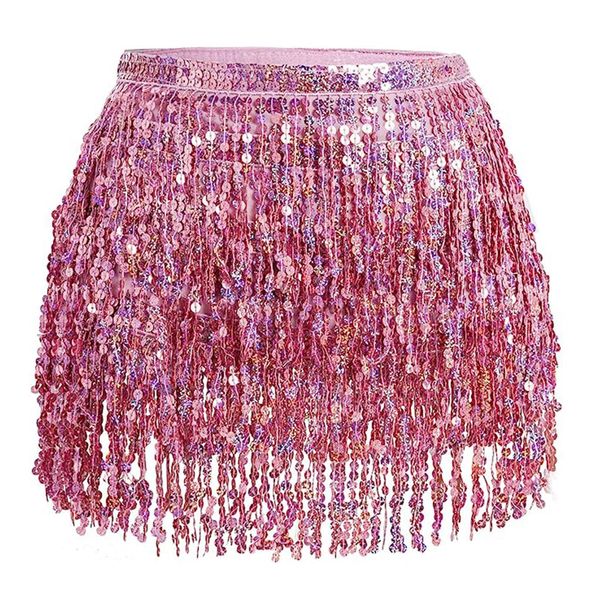 Pink Sequin Skirt Sparkly Tassel Skirt Belly Dance Skirt Mardi Gras Costumes Rave Outfit for Women