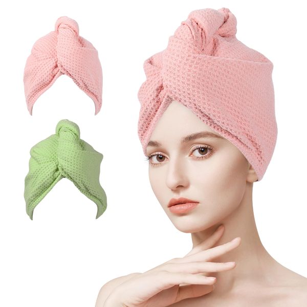 Srragl 2 Pcs Microfiber Hair Towel Wrap - Quick Dry Hair Towel Wrap for Long, Short, Thick, Curly Hair, Hair Caps for Women, Men, Kid (Red Green)