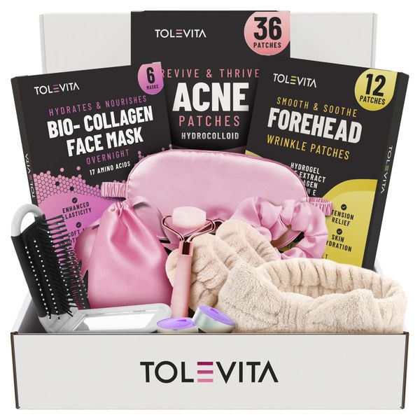 TOLEVITA - Skin Care Set For Women Gift, Self Care Gift Set and kits - Acne & Forehead Wrinkle Patches, Collagen Mask, Face Roller, Silk Eye Mask & Spa Accessories, Christmas Gift for Women, Birthday