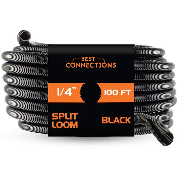 1/4" X 100 ft Split Wire Loom Flex-Guard Convoluted Tubing – Protective Split Cable Sleeves for Automotive Home Industrial Electrical Wires – Heat Resistant Cable Conduit – Black