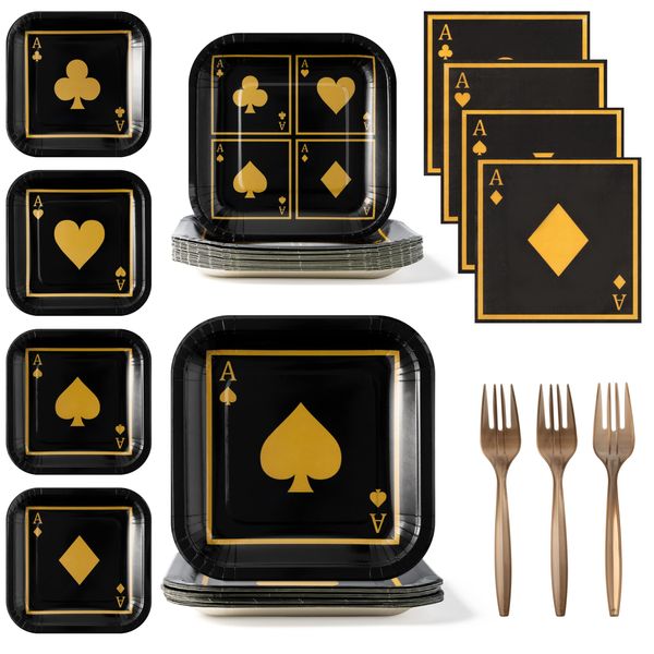 G1ngtar 96Pcs Casino Party Plates Supplies - Party Tableware Decorations Las Vegas Square Disposable Paper Plates Napkins Forks for Birthday Casino Night Card Playing Club, Serves 24 Guest