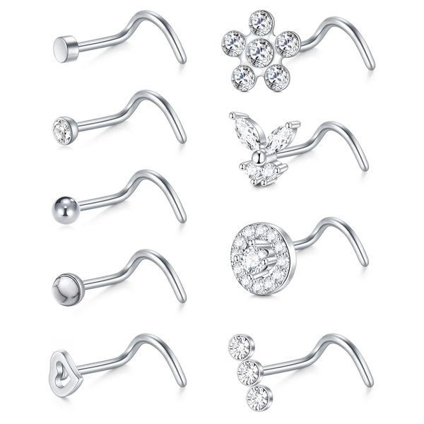 Zolure 18g Nose Stud Nose Rings Stainless Steel Nose Screw Rings Diamond Nose Piercing Jewelry Nose Corkscre with Cz Top