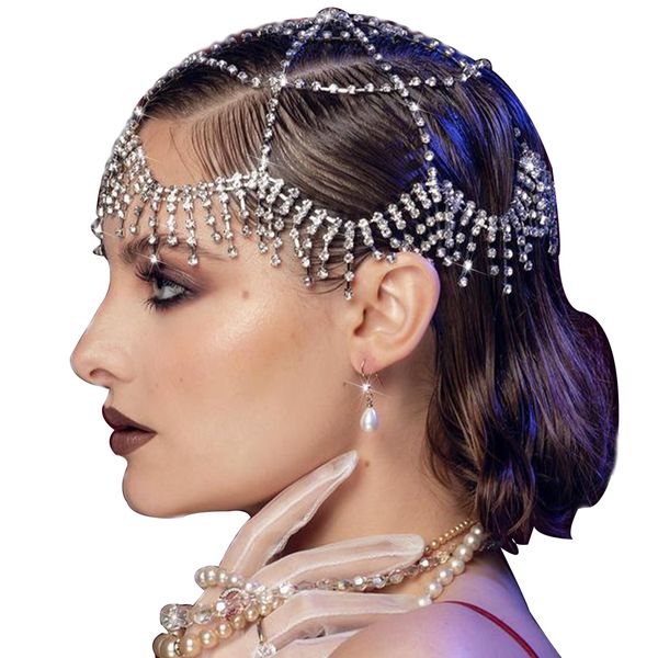 NAISKA 1920s Mesh Rhinestone Headband Cap Silver Tassel Crystal Head Chain Wedding Brides Headpieces Vintage Prom Costume Halloween Style Hair Accessories Jewelry for Women and Girls