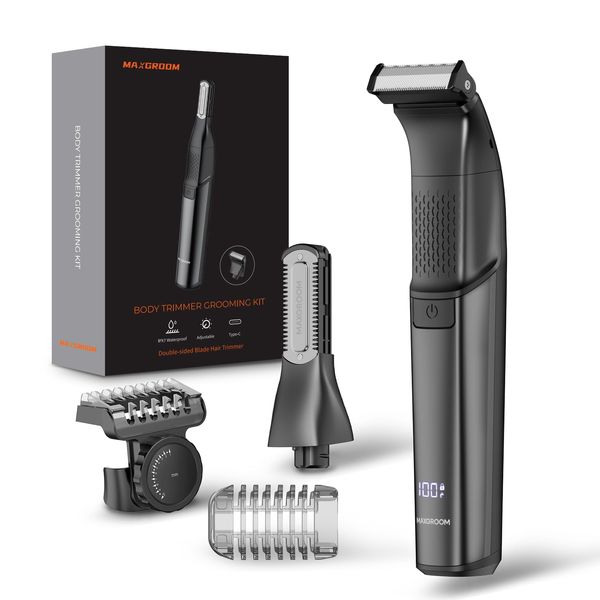 MAXGROOM Manscape Double-Sided Body Hair Trimmer for Men, 2-in-1 Waterproof Intimate Razor & Groomer for Pubic, Groin & Ball Hair, Wet/Dry Electric Beard Trimmer with Dual Heads