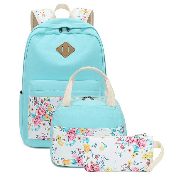 School Backpacks for Teen Girls Bookbags Lightweight Canvas Backpack Schoolbag Set (Turquoise-Flower)