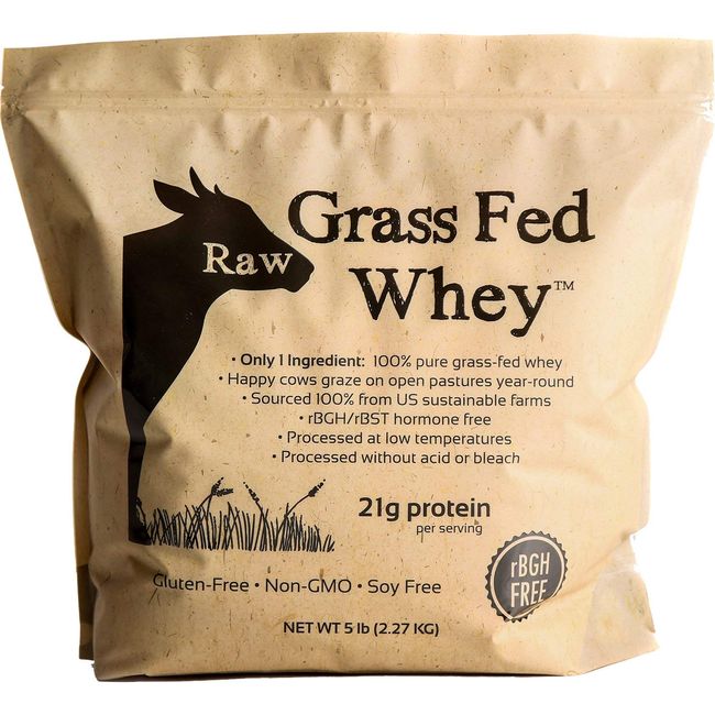 Raw Grass Fed Whey 5LB - Happy Healthy Cows, COLD PROCESSED Undenatured 100% Grass Fed Whey Protein Powder, GMO-Free + rBGH Free + Soy Free + Gluten Free, Unflavored, Unsweetened (5 LB BULK, 90 Serve)