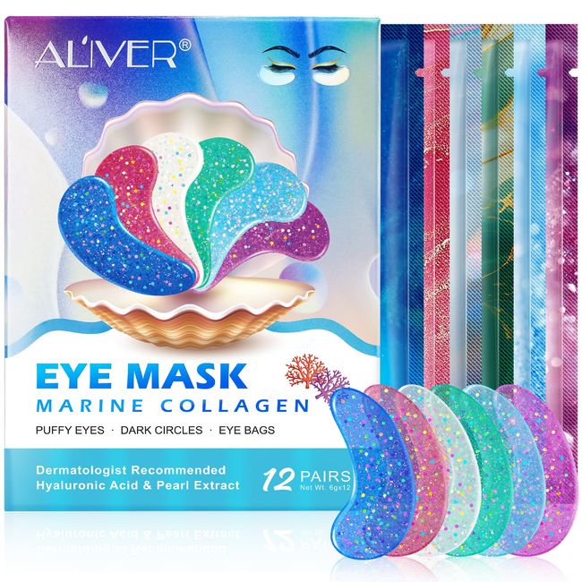 Marine Collagen Eye Gels, Pearl Natural Gel Eye Masks, with Natural Marine Collagen Hyaluronic, for Dark Circles, Anti Wrinkle, Puffy Eyes, Skincare, Hydrating, Soothing | Independent Package (12)