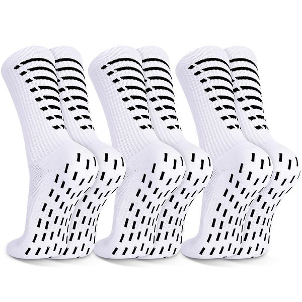 Zuimei 3 Pairs Football Grip Socks for Men Gain the Edge Grip Socks White Anti-slip Sports Socks with Silicone Pads, Breathable Unisex Grippy Soccer Socks for Basketball Hiking Running