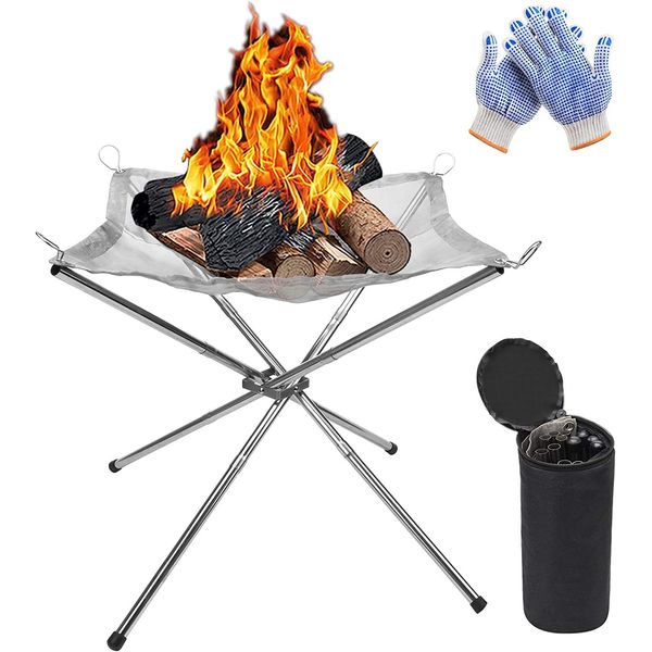 KAHEIGN Portable Outdoor Fire Pit, 42CM Foldable Stainless Steel Mesh Fire Pit Fireplace BBQ Fire Bowl for Patio Backyard Garden Camping Picnics Bonfire - with Heat Resistant Gloves & Carrying Bag