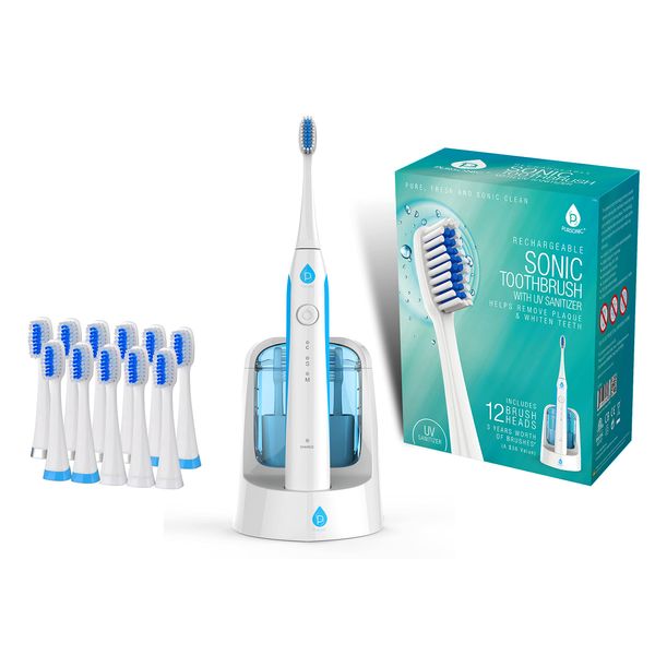 Pursonic S750 Sonic Toothbrush (White) — Smart Series Electronic Power Rechargeable Battery Toothbrush — Electronic Toothbrush for Adults — 12 Bonus Brush Heads — Rechargeable Toothbrushes for Adults