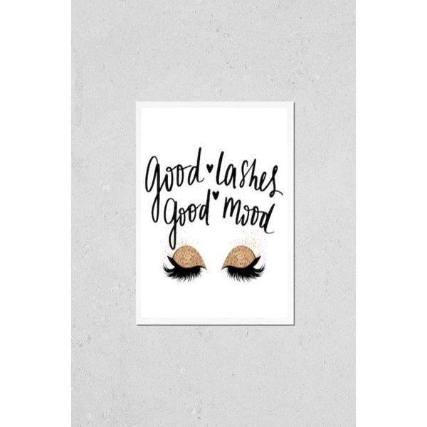 Wall Art Poster Print of Good Lashes, Good Mood. Handwritten Quote. Calligraphy Phrase for Beauty Salon, Lash Extensions Maker, Decorative Beauty Blogs. Closed Eyes. Glitter Eyeshadow. Fashion Makeup