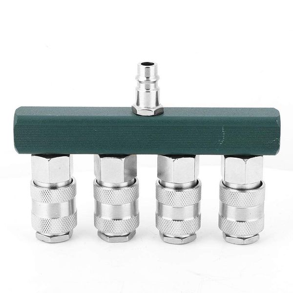 4-Way Air Hose Splitter, T-Style 5 Port Quick Connect Manifold, 1/4" Male NPT Plug Air Compressor Splitter Universal Coupler, Iron Galvanized Pneumatic Fitting Adapter