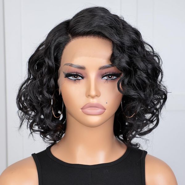 JOEDIR HAIR Short Curly Lace Front Wig Side Part Wig Human Hair for Women Side Part Curly Bob Wig Shoulder Length Water Wave Wig Natural Black 150% Density (Color:1B)